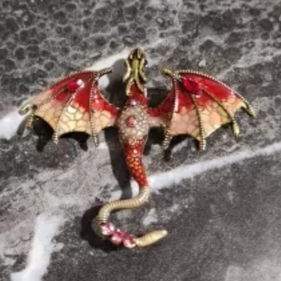 Silver titanium flames red enamel and crystal dragon goth brooch new - Picture 2 of 5